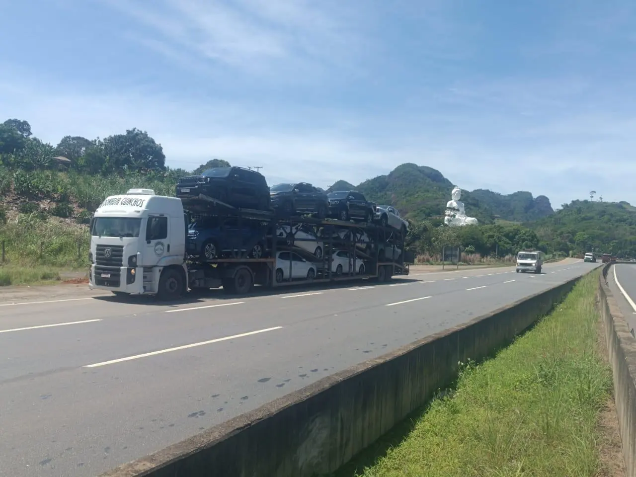 Caminhão-cegonha da Donadia carregado na rodovia BR-101